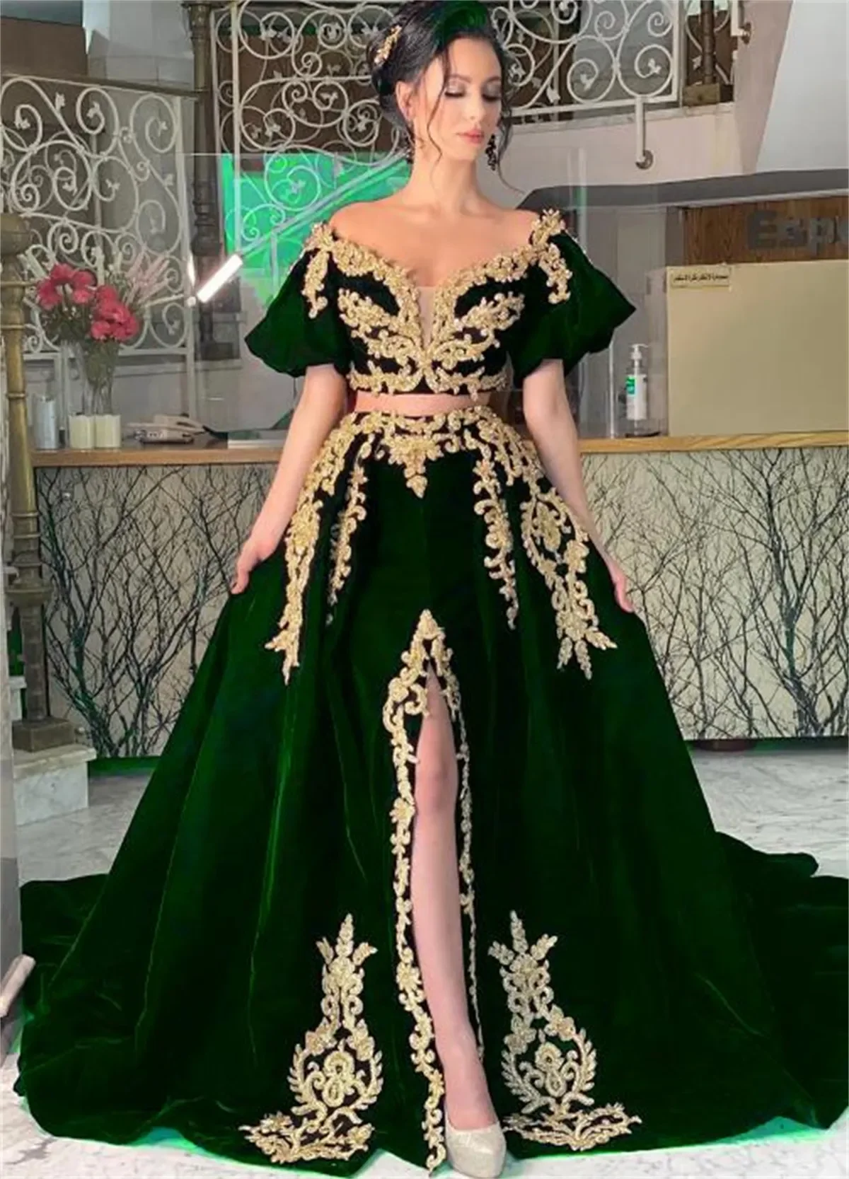 Robe de Soirée en Velours Classique, Tenue de Bal à Col en V, Manches Courtes, Dentelle Dorée, Paillettes, Longue, Arabe-Musulmane, Formelle