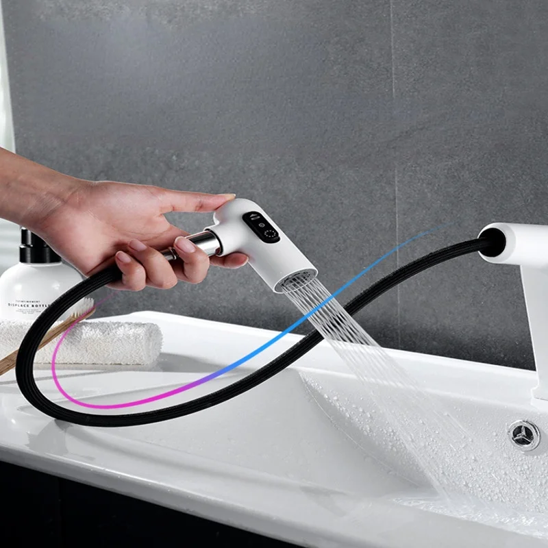 Multi Functional Pull Type Washbasin Faucet White 360 Rotary Bathroom  Hot&Cold Mixing Faucets