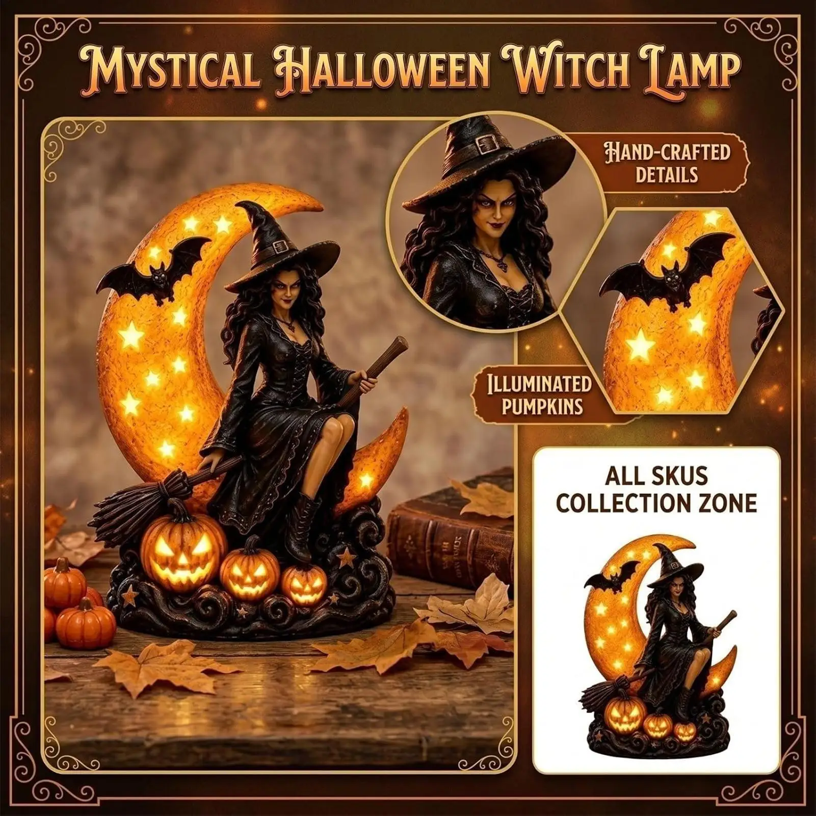 Halloween Witch Moon Light Resin Gothic Night Light Decorative Statue LED Light Up Spooky Plug-In Halloween Witch Light