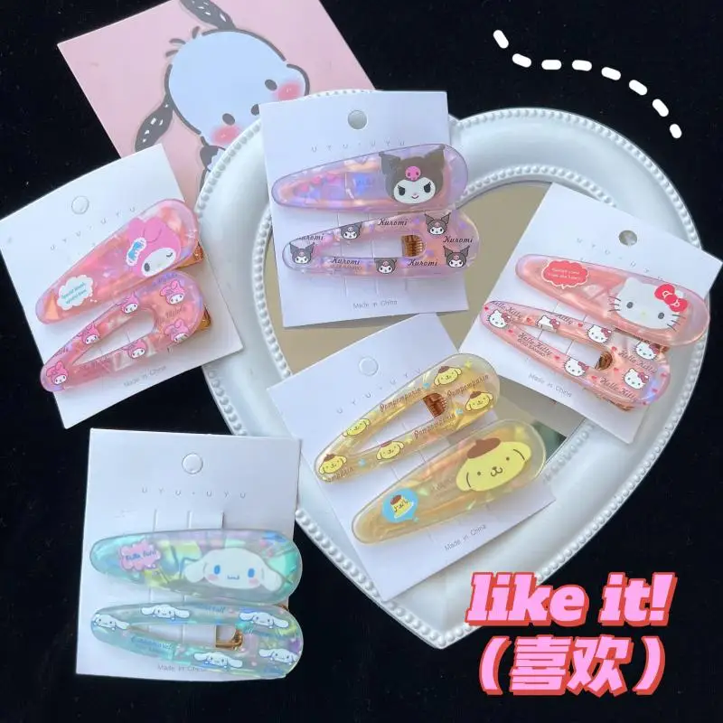 

2pcs Sanrio Hellokitty Mymelody Kuromi Purin Cinnamoroll Cute Hairpin Bangs Clip Cartoonkawaii Girl Heart Clip Hair Accessories