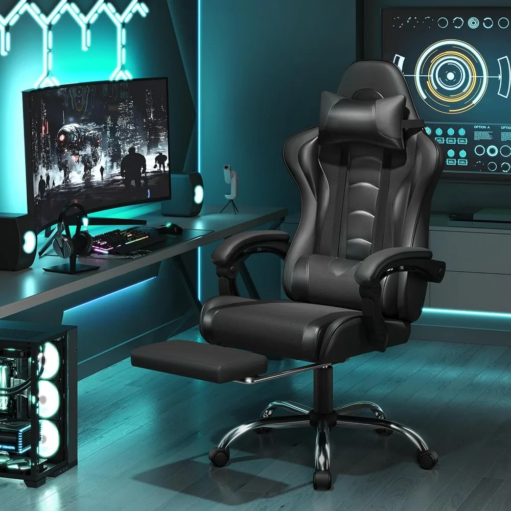 Comfortable PU Leather Gaming Chair with Footrest Massage Lumbar Pillow Reclining; Durable Metal Frame Supports Up to 300 lb view 6