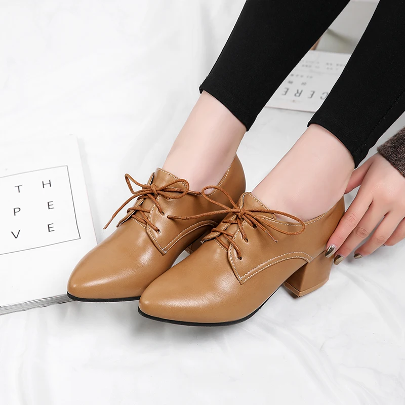 2024 New Spring Women Pumps Vintage Chunky Heel Cut Out Oxford Shoes Lace Up Female Fashion Elegant Classica Ladies High heels