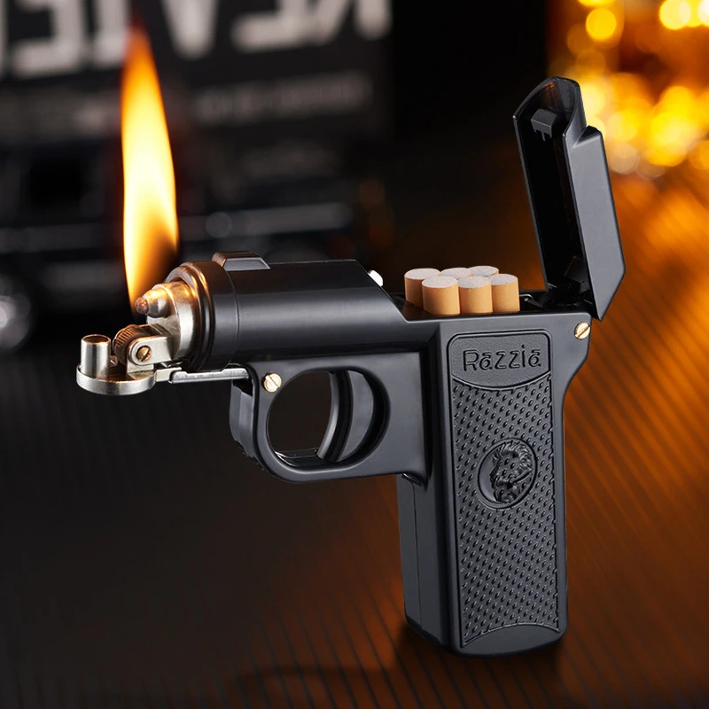 Windproof Lighter Kerosene Gun Lighter Pistol-shaped Cigarette Case Dual-Purpose Lighters Hold 6 Pcs Cigarette Gifts for Men