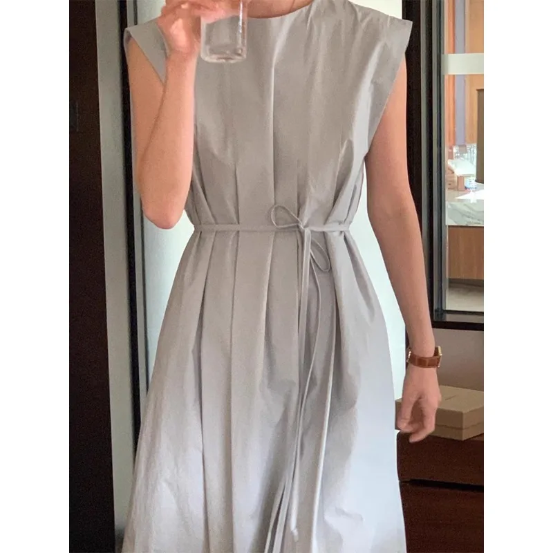 SuperAen Korean Style Elegant Pleated Sleeveless Vest Dress for Women Summer New Vintage Solid Color Lace-up Waist Long Dresses