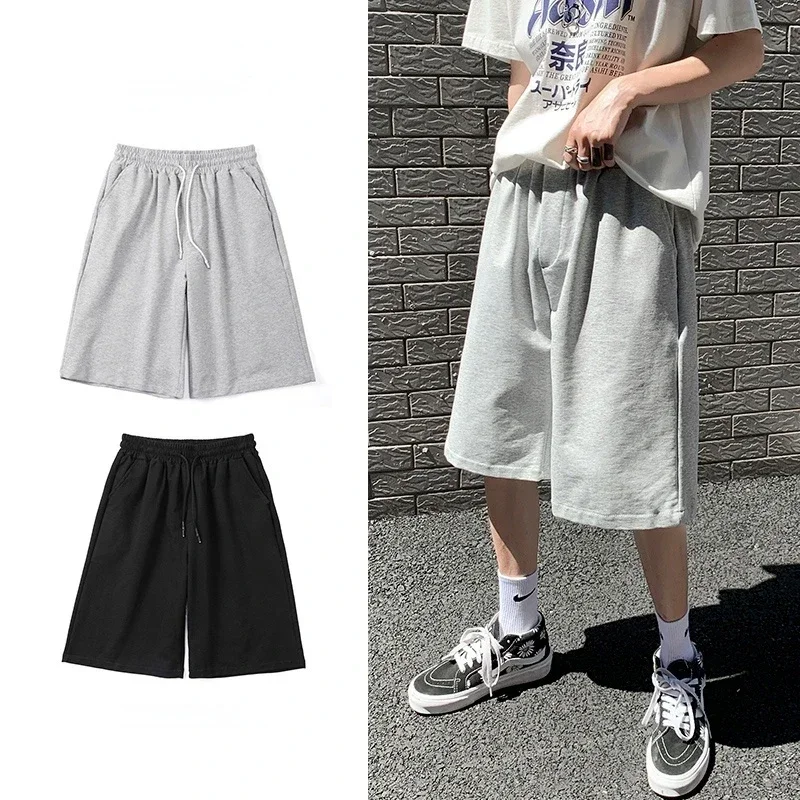 Summer New Y2K Solid Color Cotton Loose Men\'s Sports Pants Shorts Street Wear Simple Drawstring Straight Casual Shorts Male