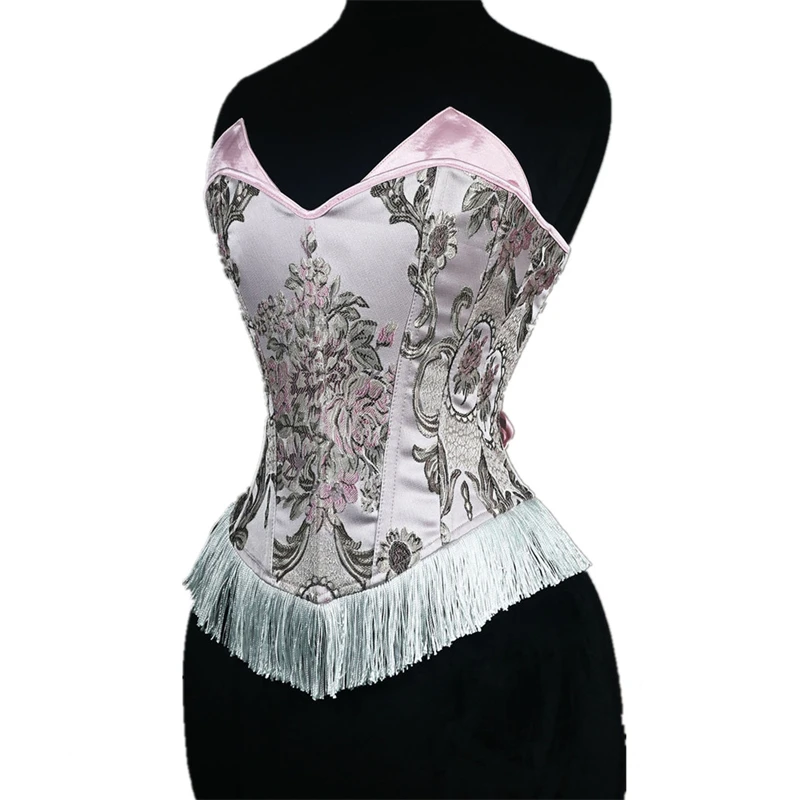 

Женский плотный корсет-бюстье без бретелек, розовый цветочный принт, винтажные лифы с кисточками на шнуровке сзади, костюм для тренировки талии