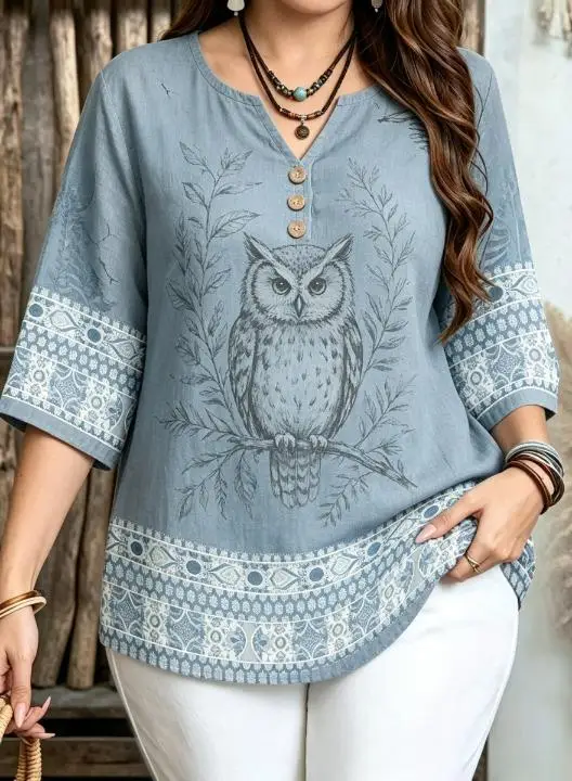 Plus Size Vintage Western Print Blouse Notch V Neck 3/4 Sleeve Wooden Look Buttons Loose Casual Ethnic Border Top