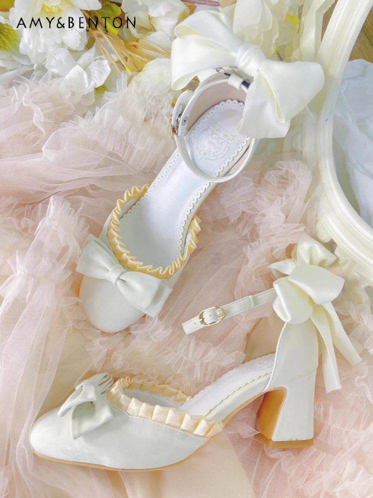 

Graceful Sweet Bow Mary Jane Shoes Pastoral Retro Chunky Heel Thick Sole Heels Everyday Versatile Lolita Women's Single Shoes