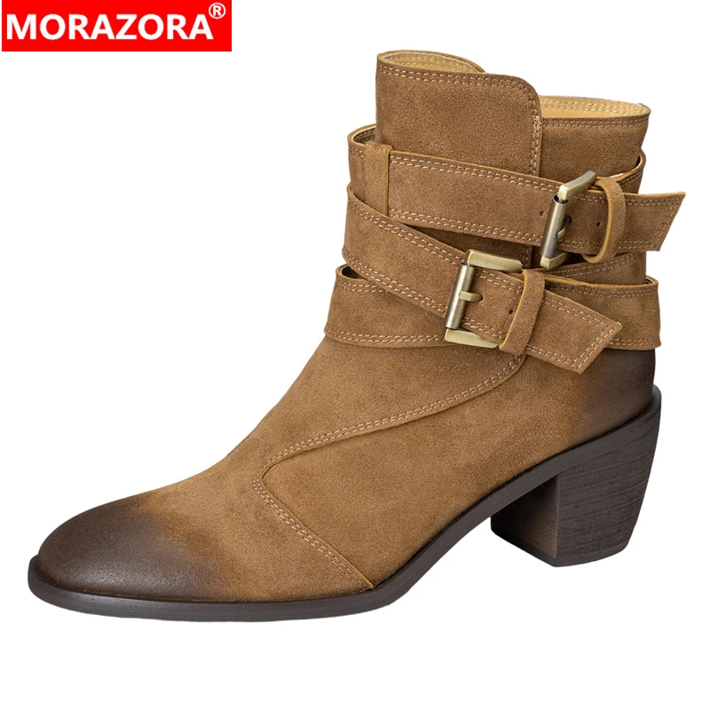 

MORAZORA Plus Size 34-41 New Cow Suede Leather Women Western Boots Zipper Buckle Cowboy Chunky High Heels Ankle Booties