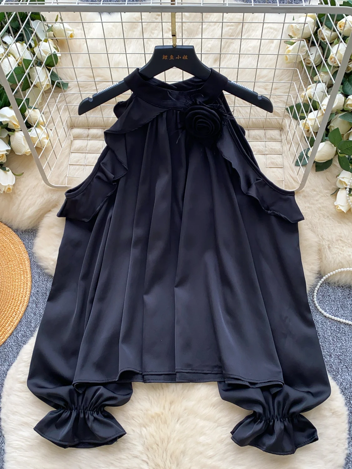 E Csa de Satén de Manga Larga para Mujer, Estilo Coreano, Hoada, con Hombros Descubiertos, Color Puro, con Botones