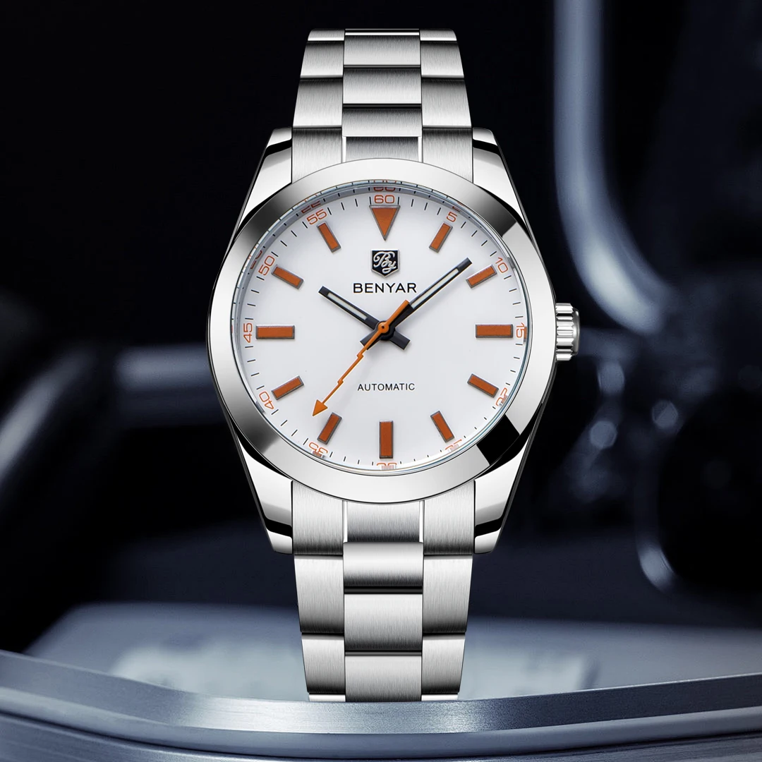 

Новинка 2026, белые мужские часы BENYAR, роскошные автоматические часы для мужчин, механические светящиеся спортивные наручные часы из нержавеющей стали