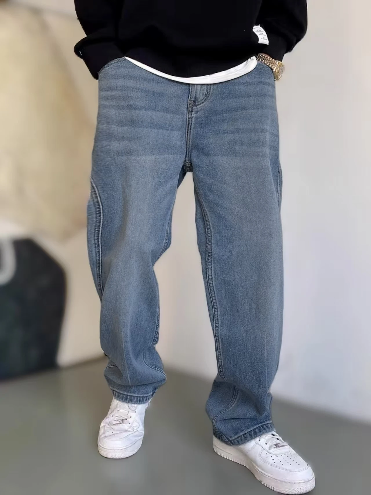 

Men's Straight Leg Jeans Blue Washed Men's Urban Pants with Claw Scratch Details for Modern Street Style