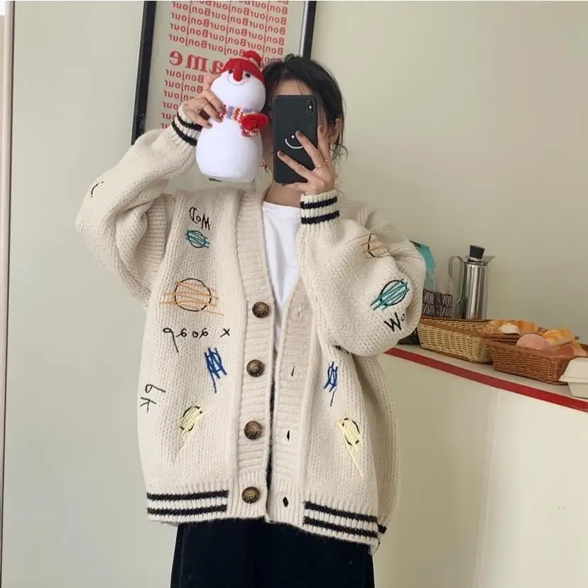 2023 Autumn/Winter Mid Length Loose Thickened Student Embroidered Knitted Cardigan Sweater Coat