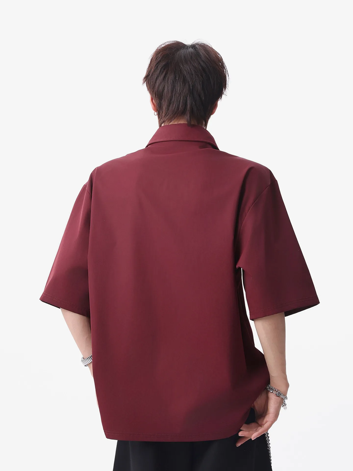 Summer Men Chinese Style Asymmetric Lapel Metal Frog Button Short Sleeve Black Shirt Burgundy Loose Drape Casual Blouse