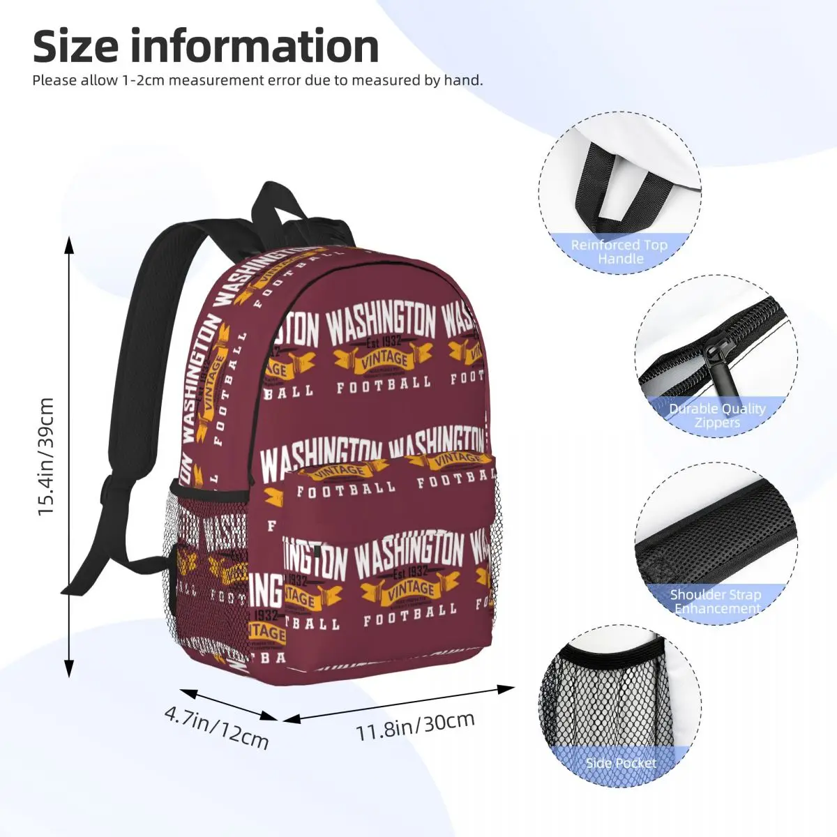Washington Pro Football Washington Commanders Zaini Ragazzi Ragazze Bookbag Borse da scuola per bambini Zaino per laptop Borsa a tracolla