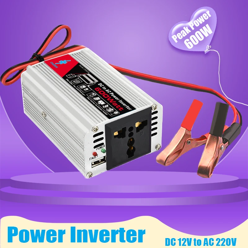 600W Car Power Inverter DC 12V to AC 220V with USB Display Car Converter Inverters Suitable for Solar Household Appliances Home