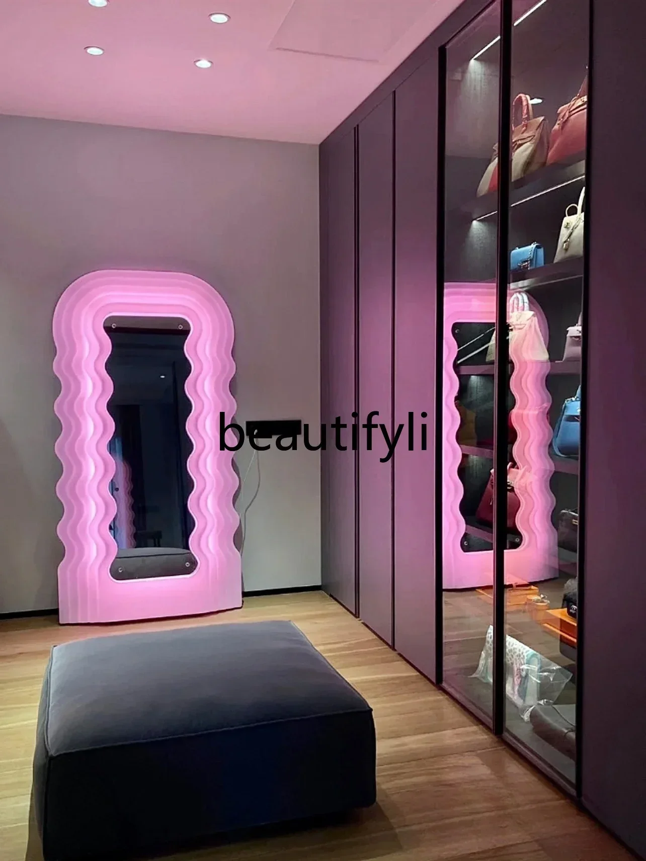 

SS Wave full-length mirror Home clothing store Pink luminous color floor-to-ceiling full-length mirror