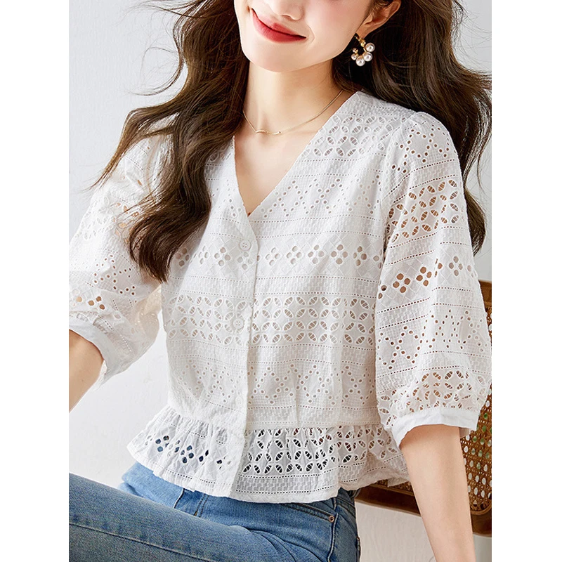 New Women Hollow Lace Embroidery White Elegant Cotton Shirts Summer Trendy Ruffle V Neck Slim Chic Blouses Blusa Mujer Moda 2023