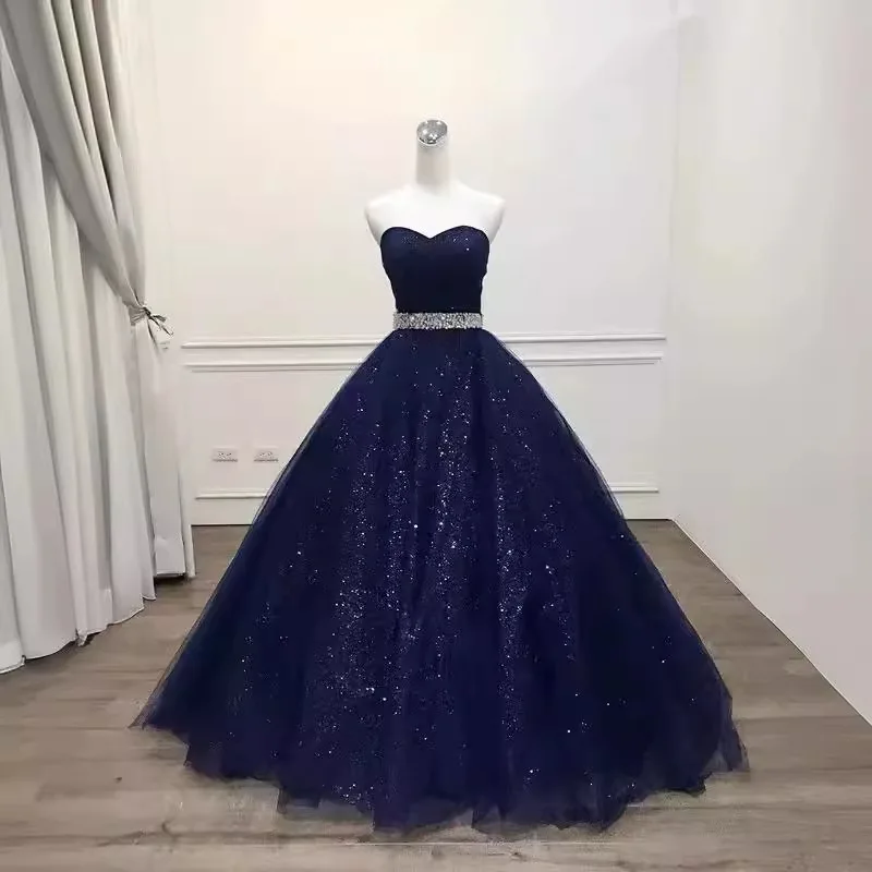 

Navy Blue Dress for Women, 2025 Strapless Sequin Mesh Long Dress, Graduation Season Small Trailing Long Dress for Students