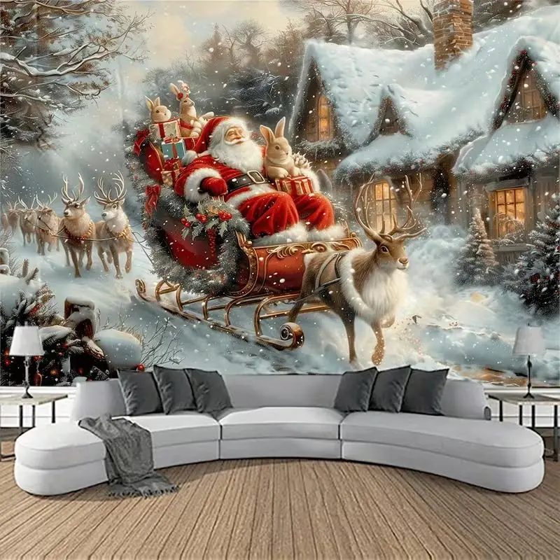 VIKAMA Santa Sleigh Tapestry Reindeer Rabbit Snowy Village Vintage Soft Washable Wall Hanging Bedroom Christmas Holiday Decor