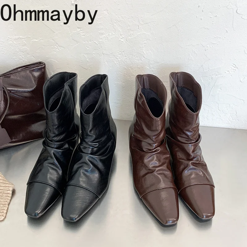 Vintage Square Toe Women Slouchy Ankle Boots Internal Elevation Shoes Autumn Winter Fleece Lined Short Botas Feminina