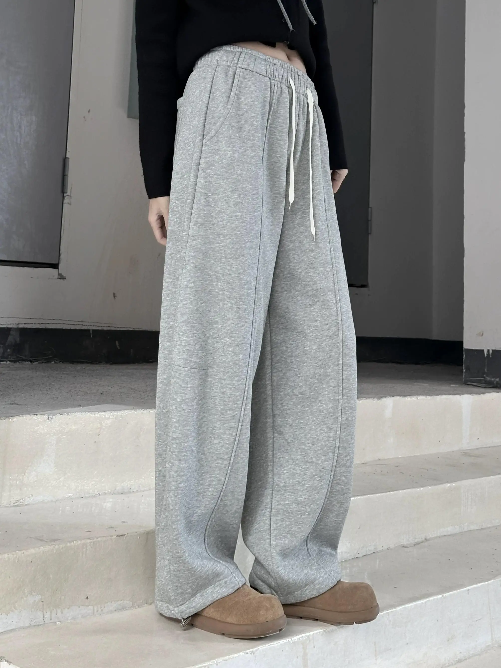 Thickened Fleece Casual Pants Women's Loose Slimming Wide Leg High Waist Straight Banana Knife Long Pants Commute Style Cotton