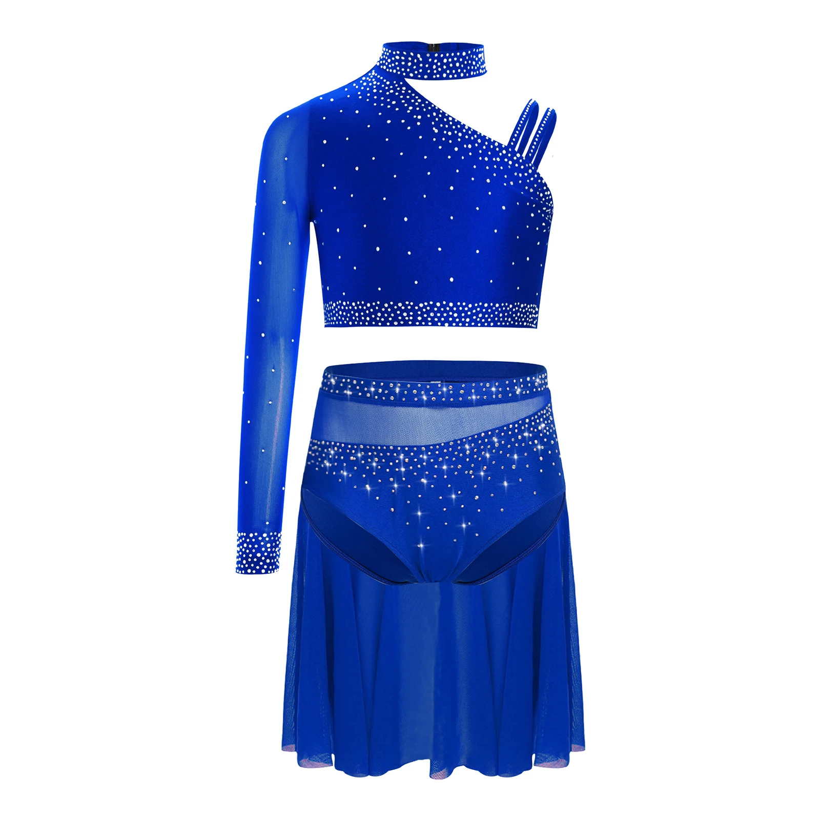 Kids Girls Lyrical Ballet Dance Outfit Sparkly Rhinestones Irregular Shoulder Crop Top + Sheer Mesh Skirt Figure Skating Dress