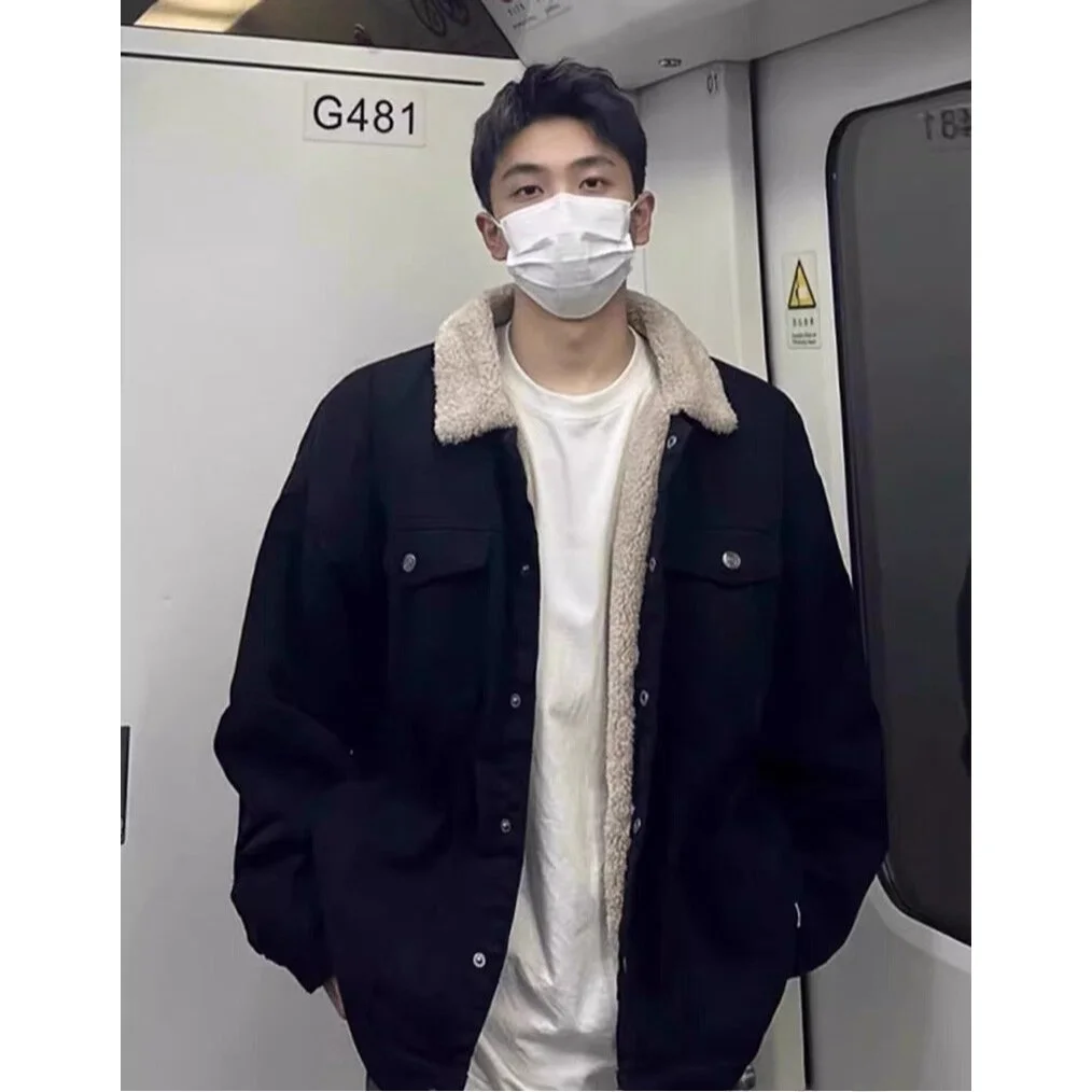 

Men's Thiened Fce Lined Warmth Retaining Denim Jaet Autumn Winter Large Size Workwear Cotton Vest Long Sve Outerwear