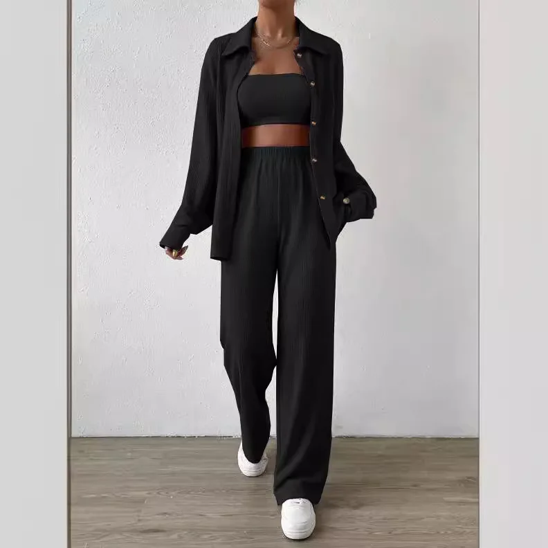 Spring 2024 Women's Casual Fashion Button-Up Cardigan Sweater Set Pure Color Lapel Long Sleeve Long Pants Two-Piece Suit