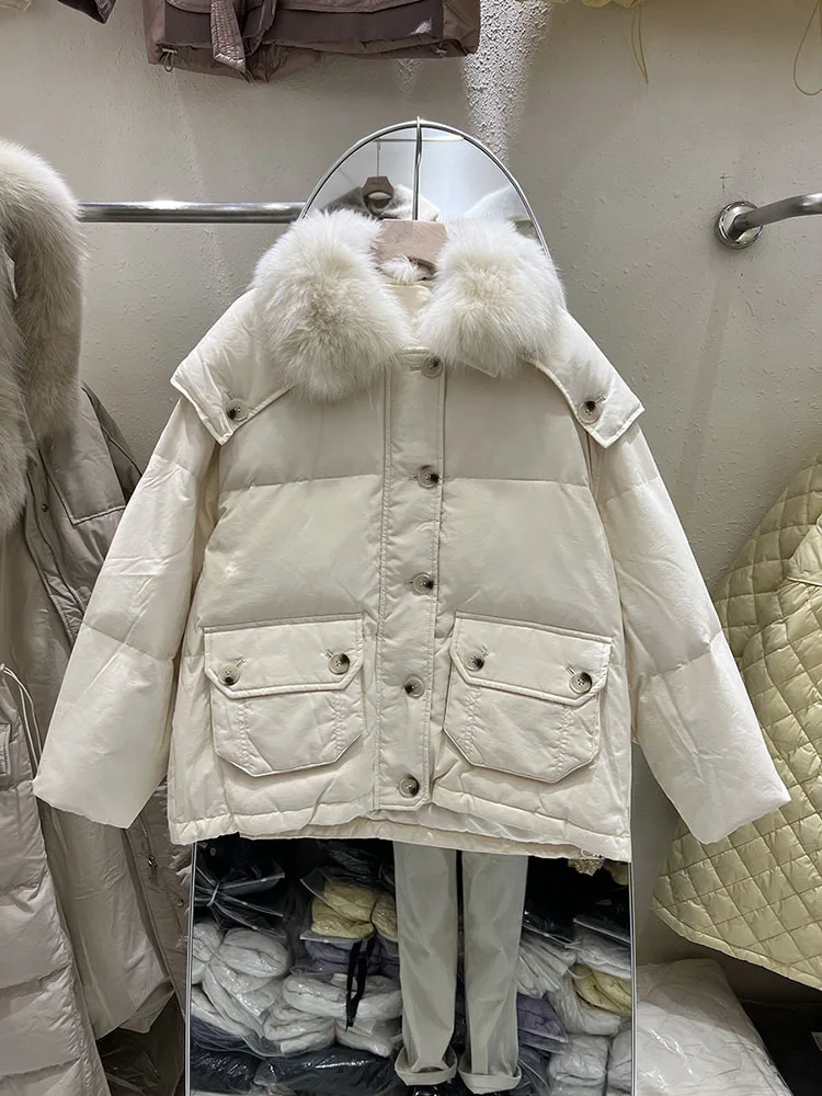 

Winter Real Fox Fur Collar Hooded Feather Jacket Women Loose White Duck Down Coat Female Short Warm Puffer Outwear