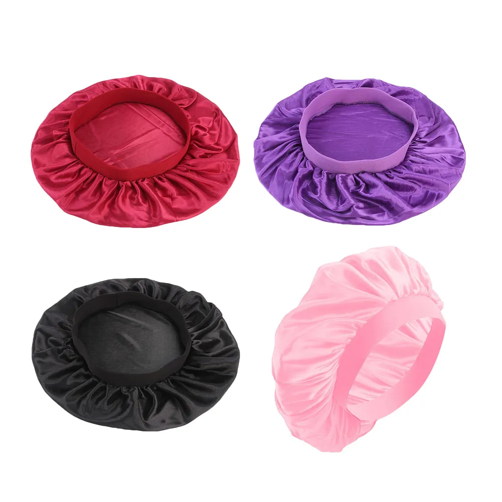 

4pcs Simulated Silk Sleep Cap Hairband for Women Elastic Chemo Hat Turban Durable Polyester Bed Hat Oil Control