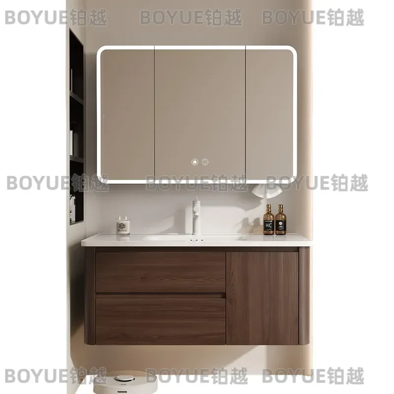 Medieval Walnut Honeycomb Aluminum Bathroom Vanity with Ceramic Integrated Sink Modern Chinese Style Toilet Washbasin Cabinet