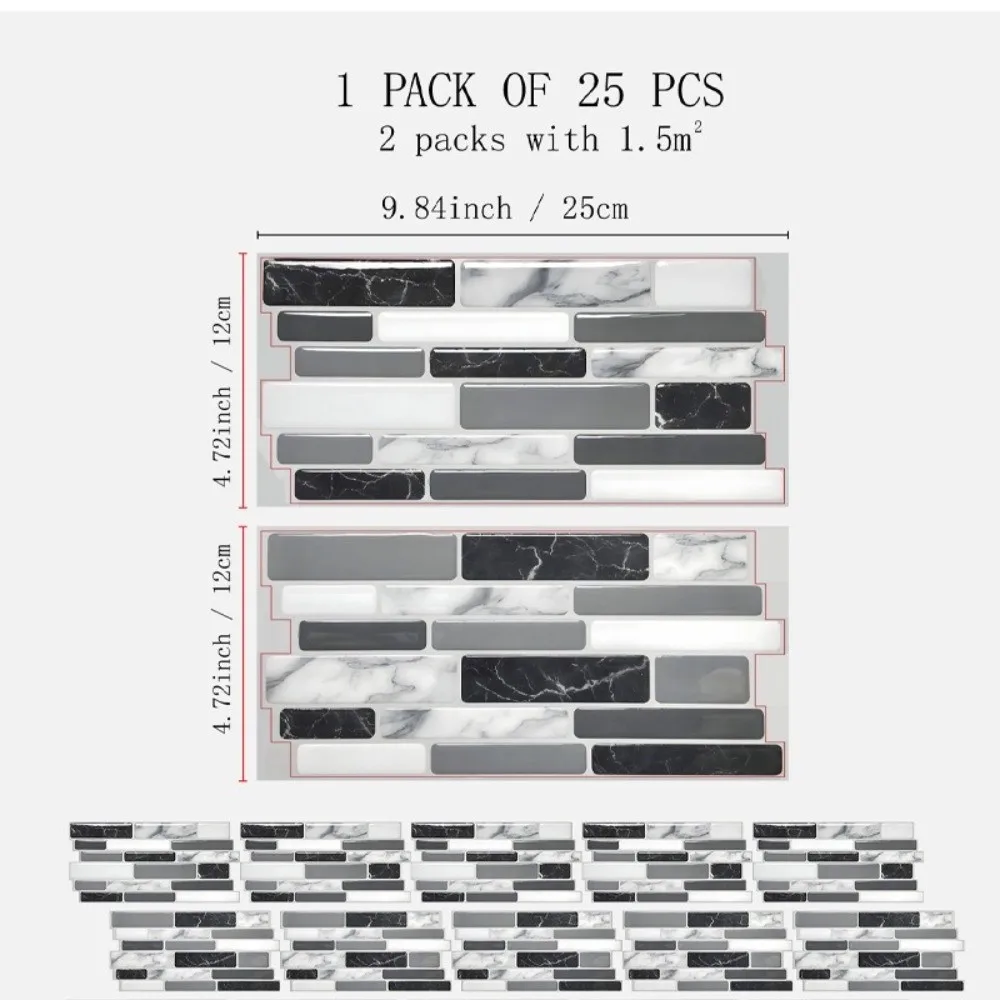 25 قطعة من ملصقات المطبخ بنمط الرخام المقاومة للماء والزيت وملصقات بلاط الحمام بتأثير ثلاثي الأبعاد ورق حائط ذاتي اللصق كريستالي