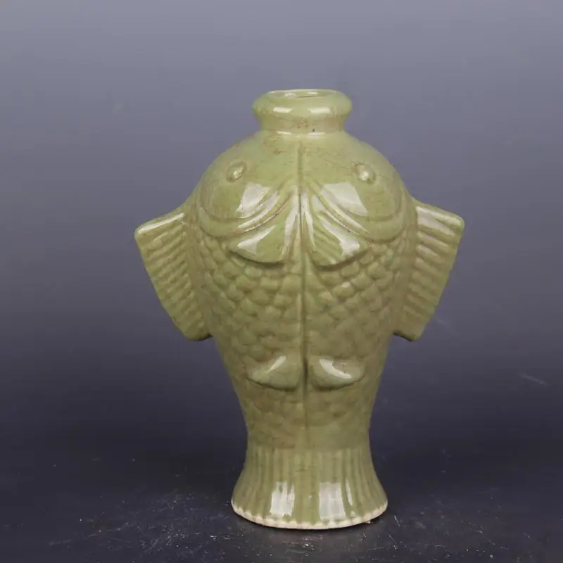 9.2" China Song Longquan Kiln Porcelain Carve Four Sides Animal Cyprinoid Statue