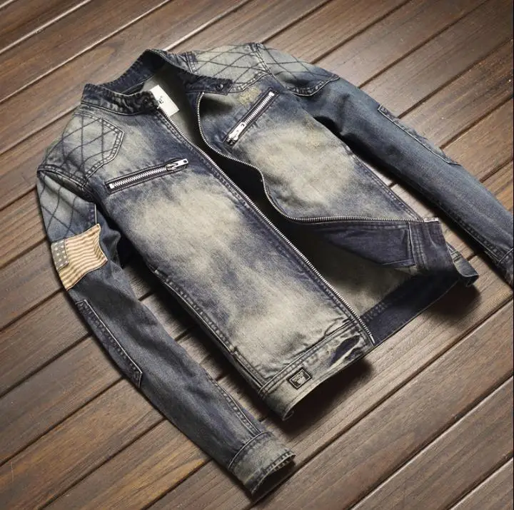 Blue Denim Men\'s Vintage Classic Biker Motorcycle Jacket Stand Collar Retro  Fit USA Flag Jeans Coat Drop Shipping