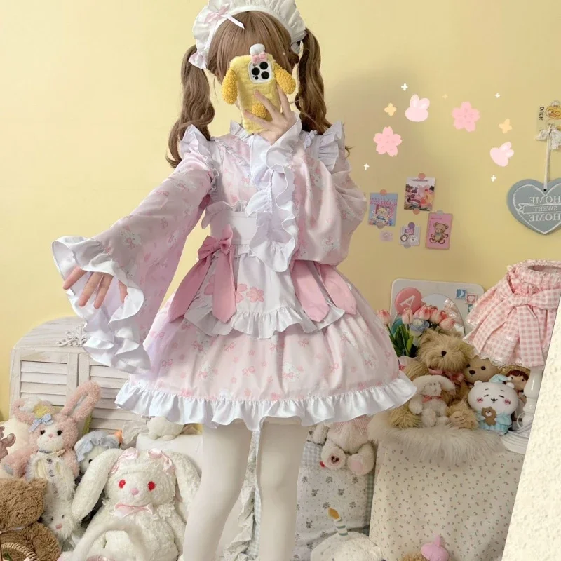 Robe Lolita Japonaise Kawaii avec Nministériels d Imprimé Lapin pour Femme, Mini Robe de Soirée, Harajuku Y2k, Volants avec Tablier, Ensemble Lolita