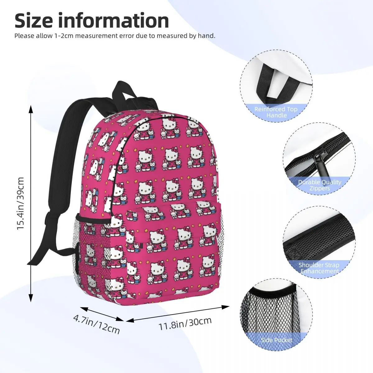 Hello Kitty Novo padrão elegante bolsa escolar estampada mochila leve de 15 polegadas
