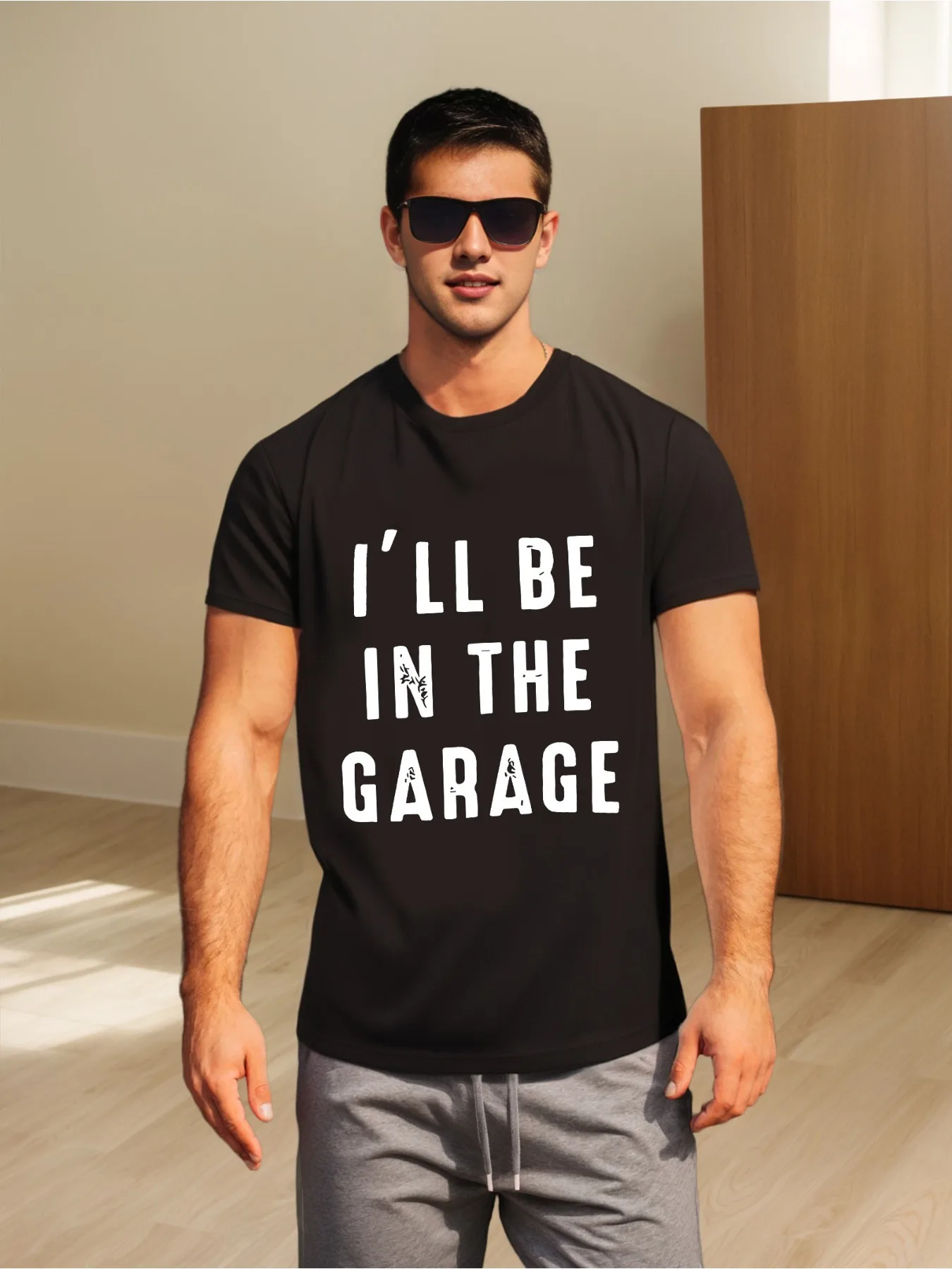 

Men's Cotton T-Shirt | "I'll Be in the Garage" Slogan Breathable & Comfortable | Round Neck, Short Sleeve Casual Street Fash