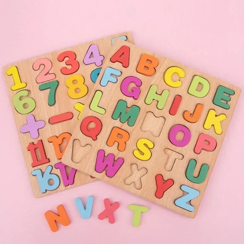 Colorful Alphabet Number Shape Matching Wooden Board 3D Puzzle Kids Early Educational Toys Montessori Preschool Children Gift