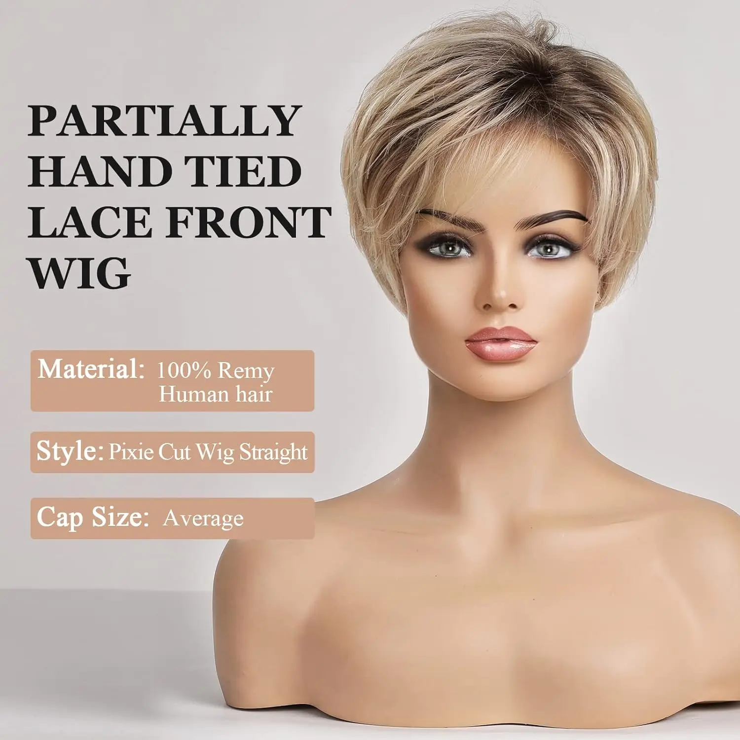 HD Lace Front Wig Short Pixie Cut 100% Remy Human Hair Wigs with Bangs Natural Layered Ombre Blonde Brown Lace Wigs for Women