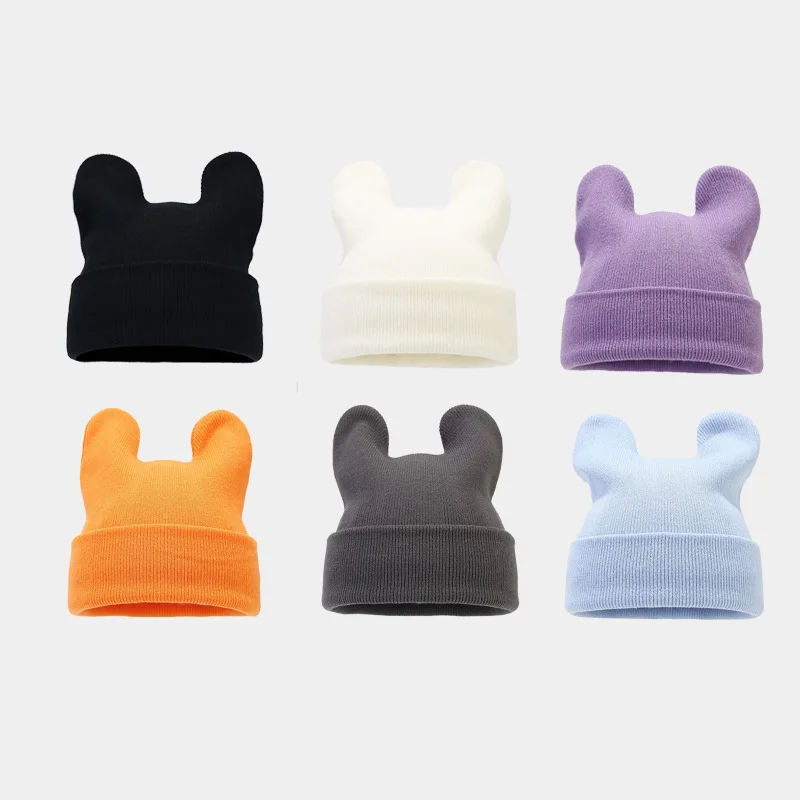 Ears Solid Color Knitted Hat Trendy Cute Cartoon Yarn Pullover Hat Autumn and Winter Warm Hat