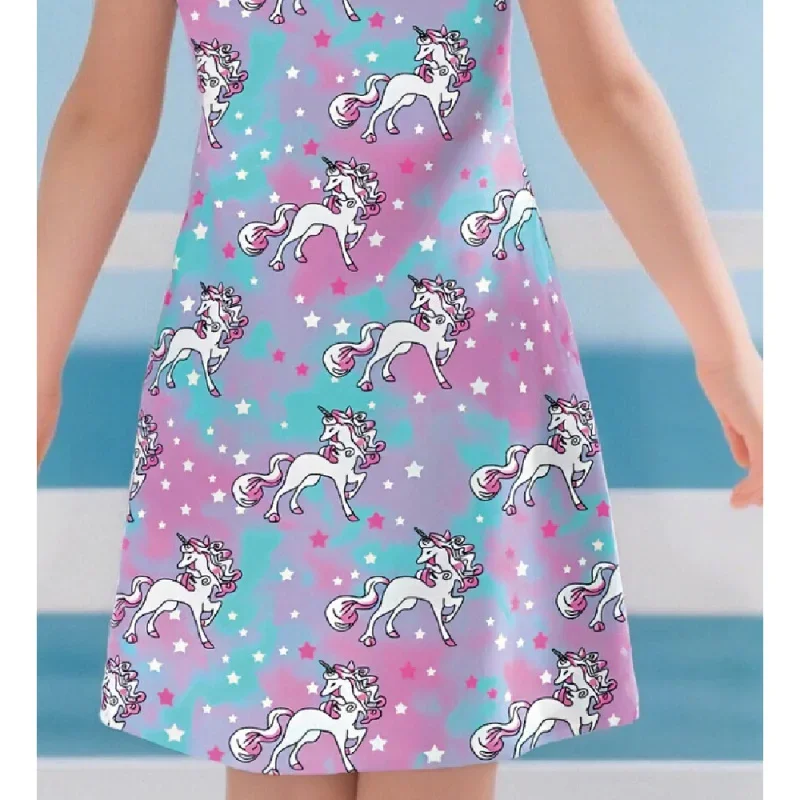Hot Sale 2025 Girls Unicorn Print Dress, Summer Short Sleeve Cartoon Casual Beach Party Kids Dress
