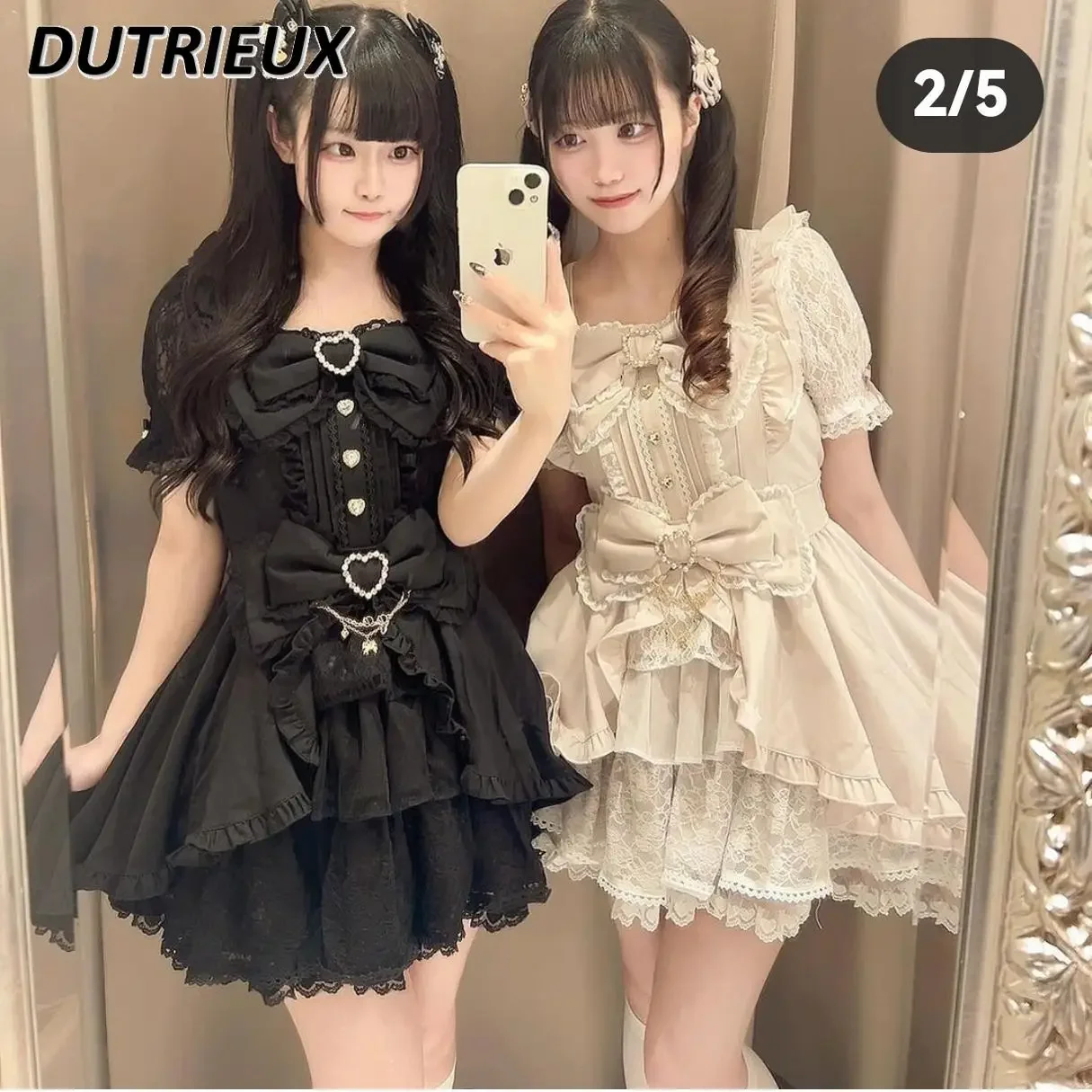 

Japanese Style Sweet Mine Sweet Bow Top Short Sleeve Slimming Waist Dress and Base Shorts Cute Kawaii Two-piece Set Outfits