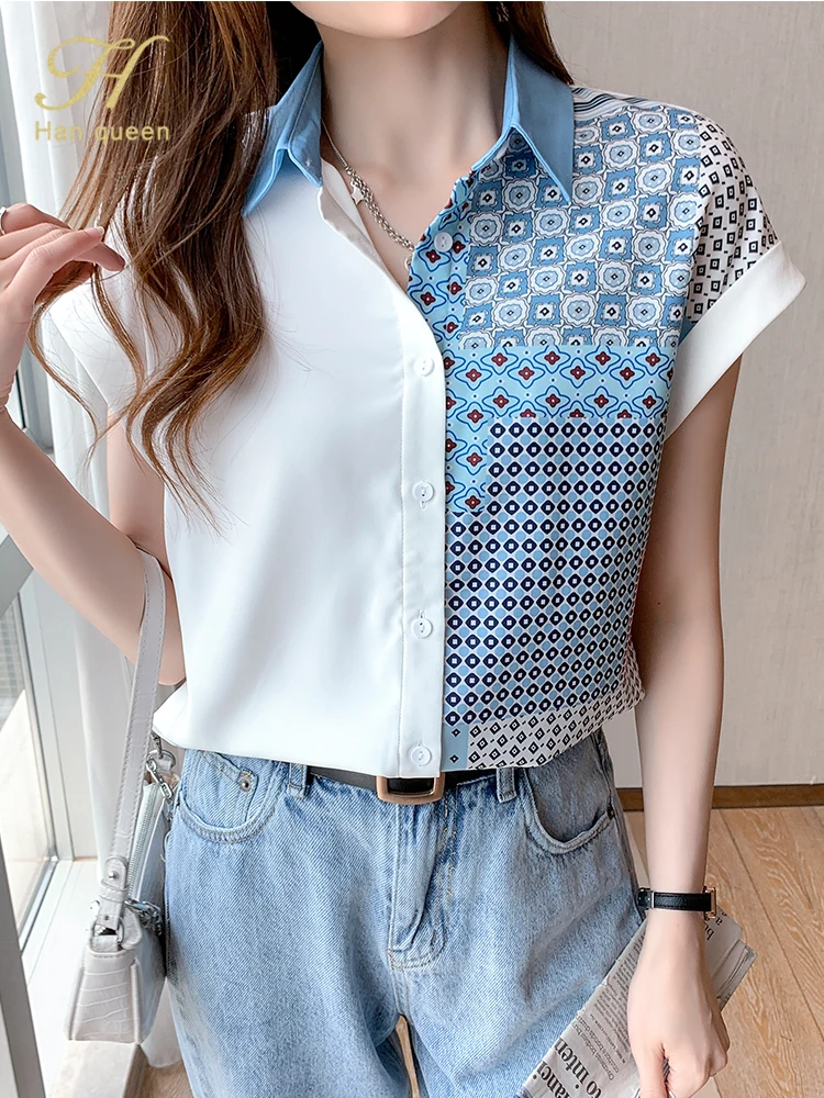 H Han Queen New Wear Work Female Blouses Colorblock Print Simple Shirt Summer Tops Korean Casual Blouse Occupation Women Blusas