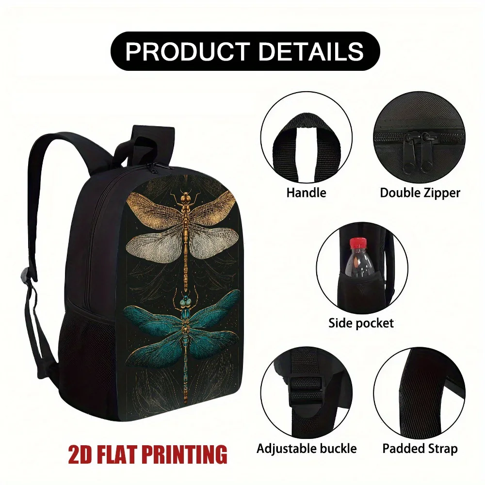 

A gold blue dragonfly backpack - a lightweight polyester backpack with detachable and adjustable shoulder straps, zipper closure