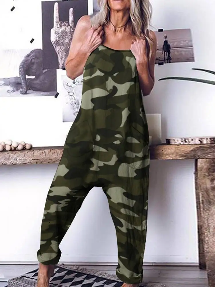 Celmia – combinaison pantalon sarouel pour femmes, imprimé Camouflage, bretelles Spaghetti, décontracté, ample, entrejambe, longue, été, 2022