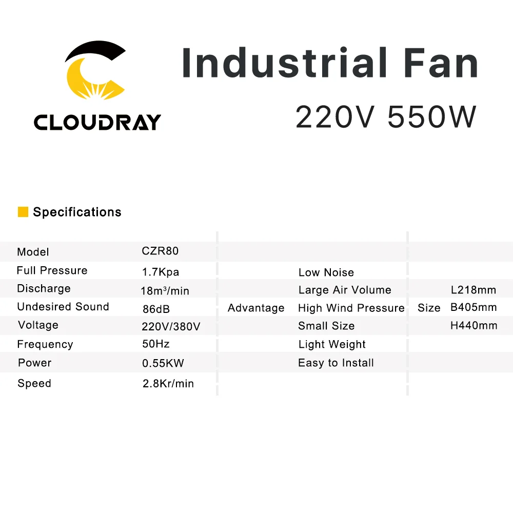 Cloudray-ventilador centrífugo de escape, 220V, 550W, para máquina cortadora de grabado láser CO2, presión media, menor ruido