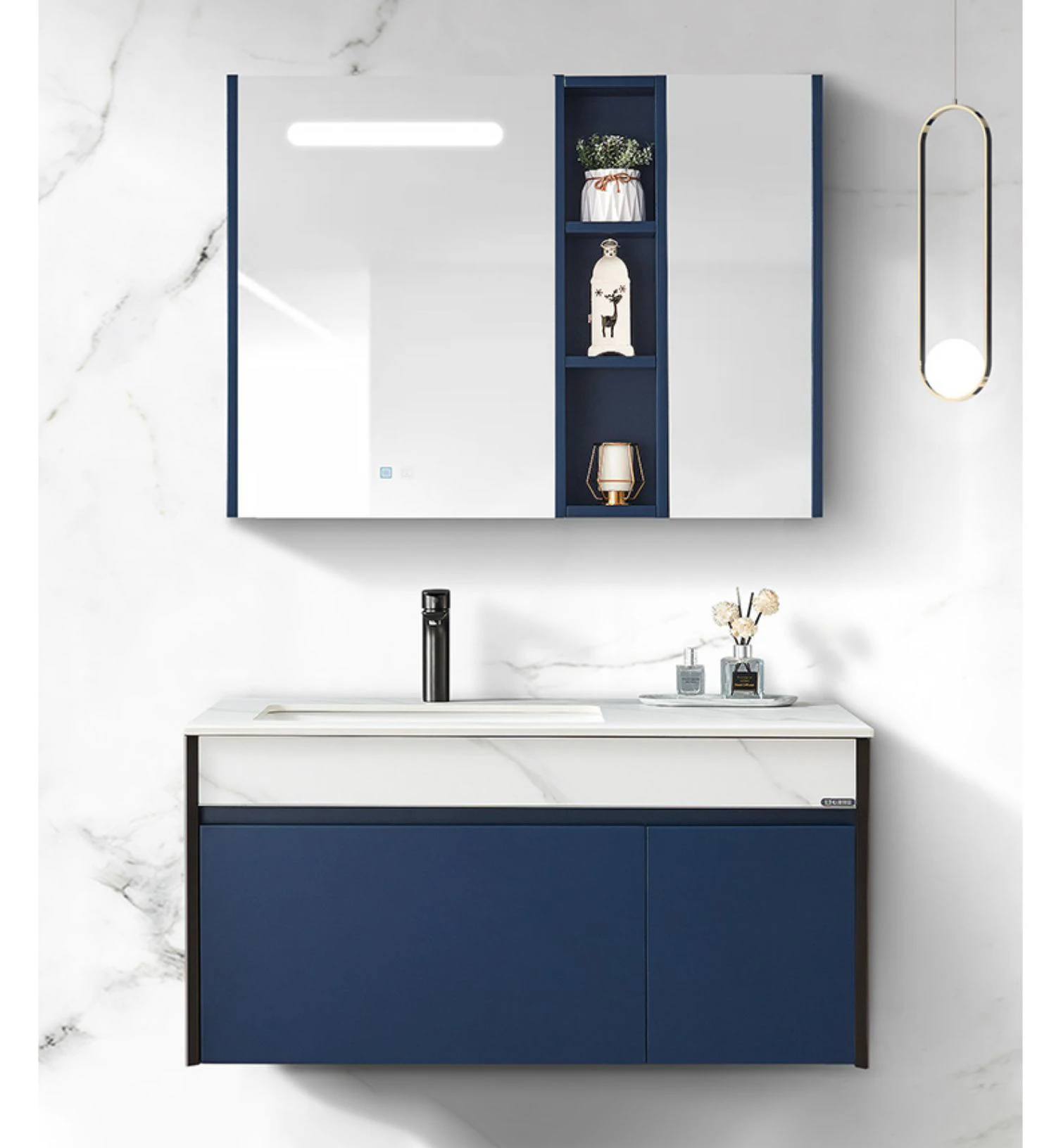 Modern Blue Hotel Furniture Floor Wall Mounted Artificial Stone Top Bathroom Vanity Set With Mirror Cabinet