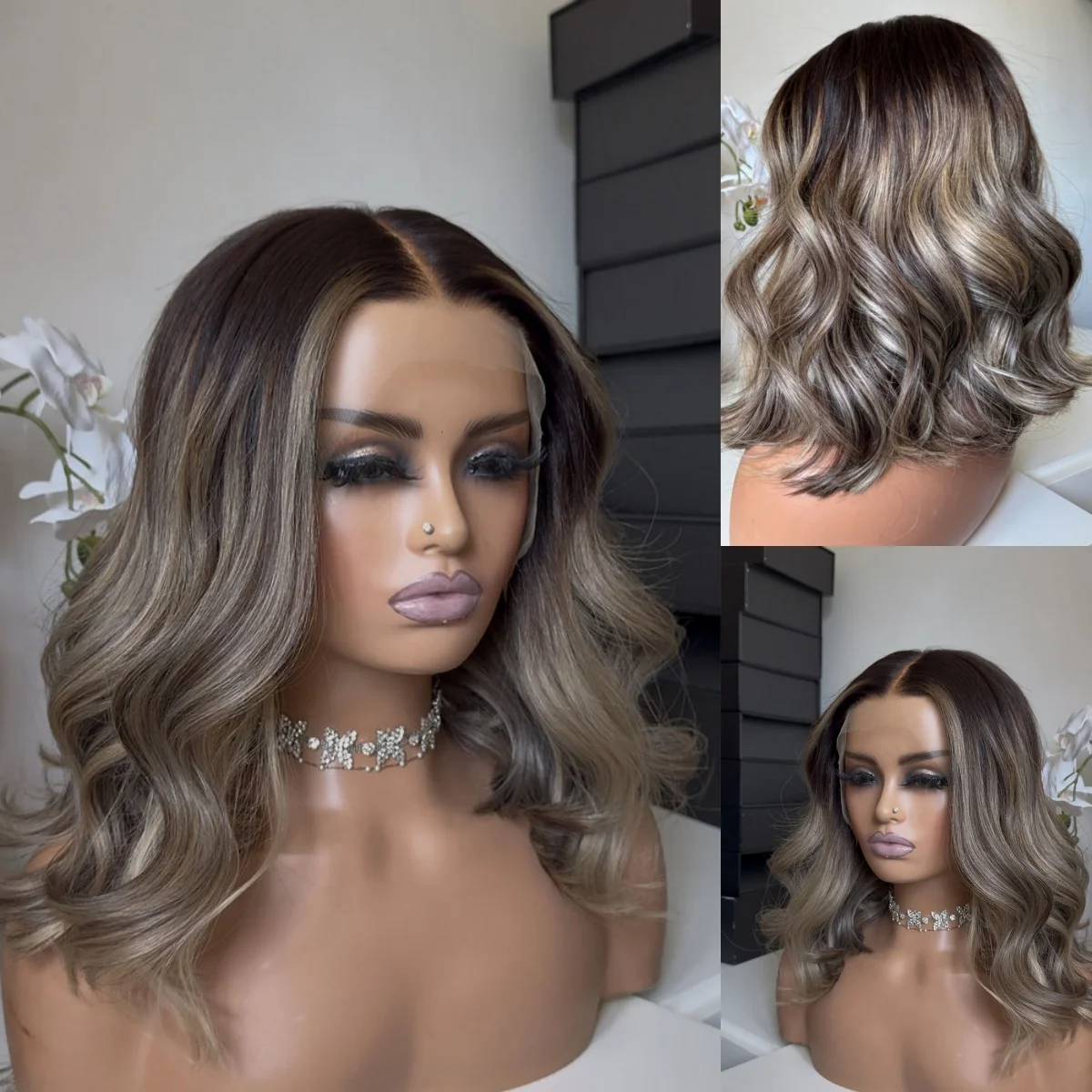 الرماد الرمادي شقراء الاصطناعية الدانتيل شعر مستعار أمامي 18 ''شعر مستعار مموج طبيعي فضفاض قبل قطعها شعري طبيعي تأثيري اليومي تأثيري المستخدمة #5