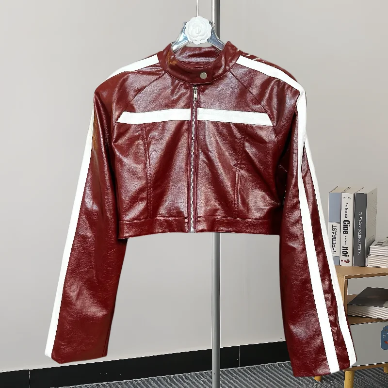 Streetwear Fashion Faux PU Leder Jacke Rot Schwarz Frühling Herbst Neue Frauen Kontrast Farbe Stehkragen Dünne Kurze Biker Jacken